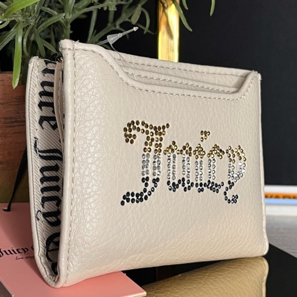 Juicy Couture Angel Cream Bifold Wallet w Pull-Out Card Case Rhinestone Logo NWT